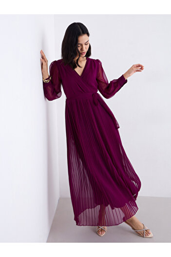 Styli Burgundy Pleated Maxi Evening Dress
