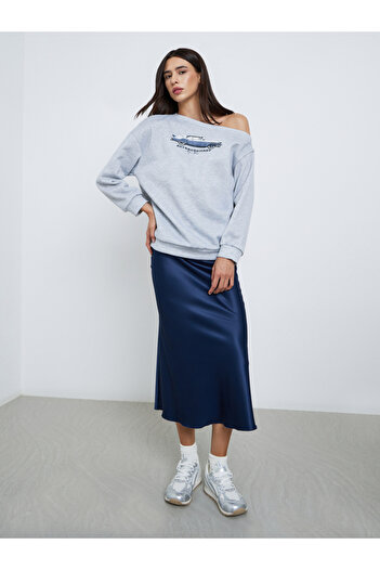 Styli Grey Asymmetric Neck Graphic Sweatshirt