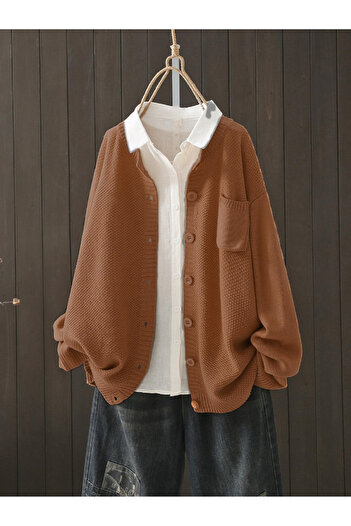 Take Two By Styli Plus Size Brown Button Front Knit Cardigan