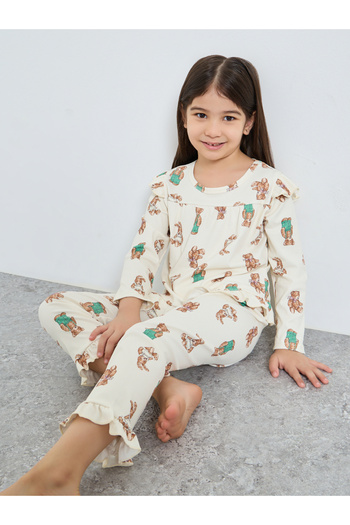 Take Two By Styli Girls Bear Graphic Ruffled Top and Pyjama Set