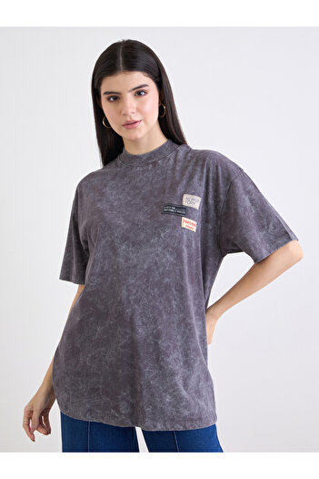 Styli Charcoal Washed Oversized T-Shirt with Badge Detail