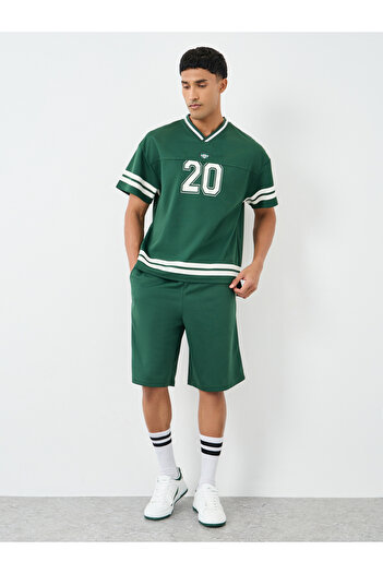Styli Men Green V Neck Printed Boxy T-Shirt and Oversized Shorts Co-Ords
