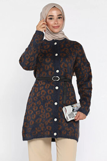 julude Navy Blue Patterned Hijab Knitwear Cardigan with Belt Accessory