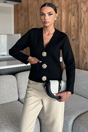 julude Black Double Pocket Buttoned Knitwear Jacket (S, M, L Compatible)