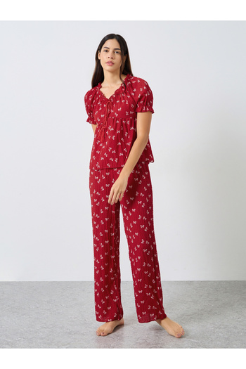 Styli Ribbon Print Tassel Tie Top and Cuffed Pyjama Set