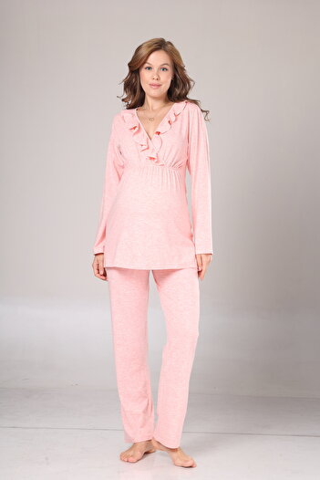 Lohusa Homewear Kadın Pembe Melanj Kışlık Özel Tasarım Lohusa Hamile Sabahlık Pijama Takımı 3'lü Set