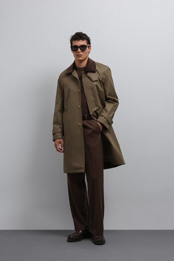 Antioch Khaki Contrast Collar Technical Men's Trench Coat