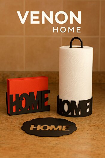 VENON Home Written 3-Piece Kitchen Elegance Set Roll Towel Holder, Napkin Holder, Trivet – Metal Decorative Design