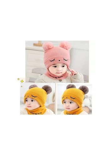 Generac Children's winter set consisting of a light blue wool hat with two ball ears, adding a touch of