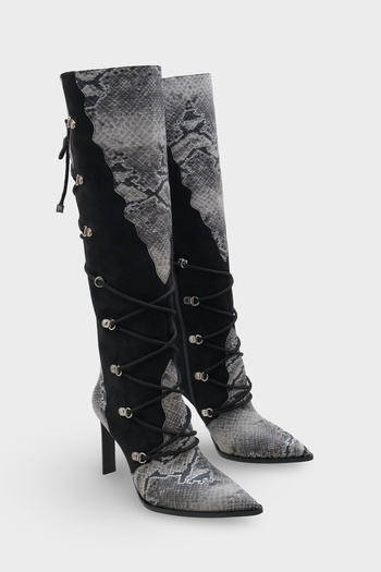 LOJO Women's Pointed Toe Snake Leather Patterned Heeled Casual Boots Athenas Black