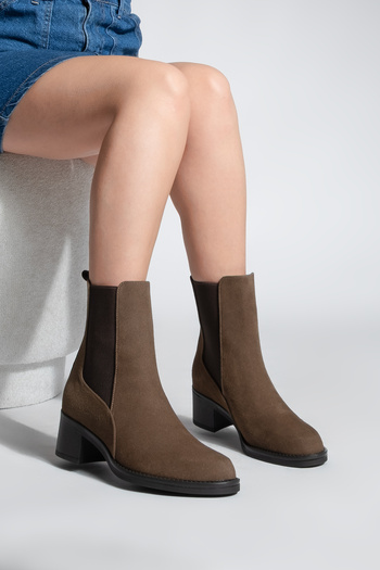 Marjin Women's Thick Heeled Elastic Side Strap Heeled Boots Elove Brown Suede