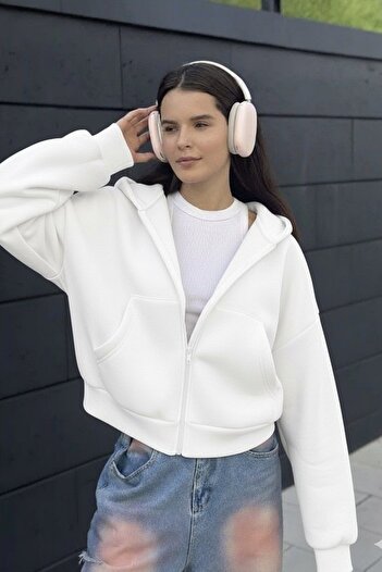EFBUTİK White 3 Thread Raised Hooded Crop Cardigan