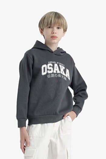 DeFacto Hooded Soft Furry Inside Printed Anthracite Boy's Sweatshirt D4347A8/Ar58