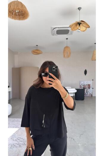 Buket Teke Black Mini Zipper Detailed Poplin Modal Blouse