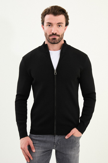 Mcr Plain Slim Fit Half Turtleneck Men's Knitwear Cardigan Black - 11242.25K