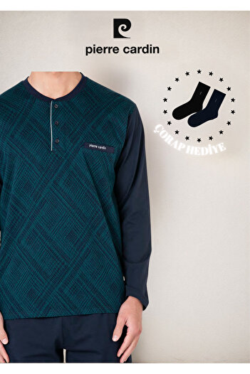 Pierre Cardin Men's 100% Cotton Long Sleeve Jacquard & Button Detail Pajama Set (2 Gift Socks) L1.Pc.6108.001