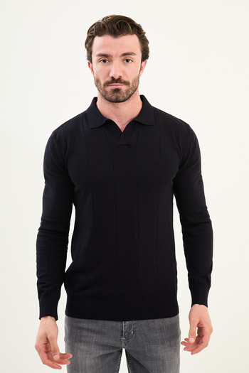 Mcr Striped Slim Fit Lapel Collar Men's Sweater Navy Blue - 11572.25K