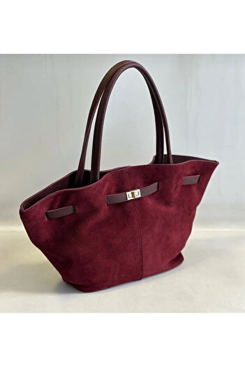Elanore Burgundy Suede Lock Detailed Pinterest Hand and Shoulder Bag