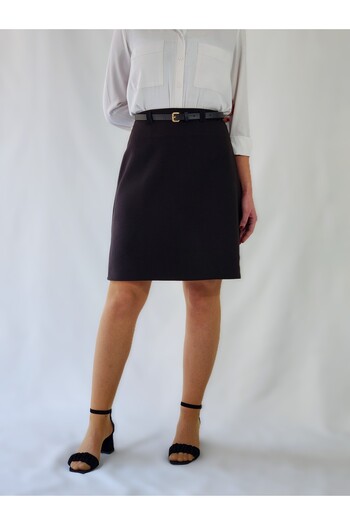 YAXİ Belted High Waist Black Woven over the Knee Belted Bell Skirt