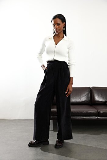 5in1Canpolat Black Velvet Palazzo Pants 16593