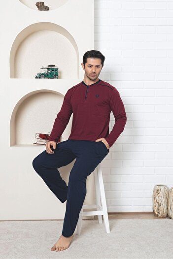 Temporium Men's Large Plus Size 3 Button 100% Cotton Seasonal Long Sleeve Pajama Set with Pockets