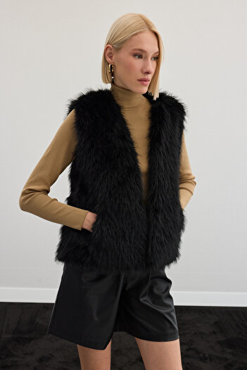 Sateen Sleeveless Long Vest - Black