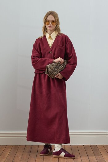 Ceylan Otantik Burgundy Suede Flared Skirt