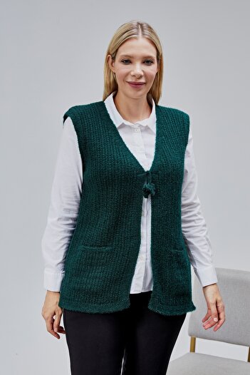 Jinx Wear Fashion Women's Middle-Aged and Older V-Neck Pocketed Glitter Knitted Wool Mother's Knitwear Vest