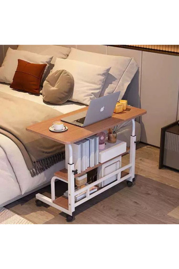 unbranded Table with wooden top and lower shelves, adjustable height and sturdy wheels 85 x 60 cm