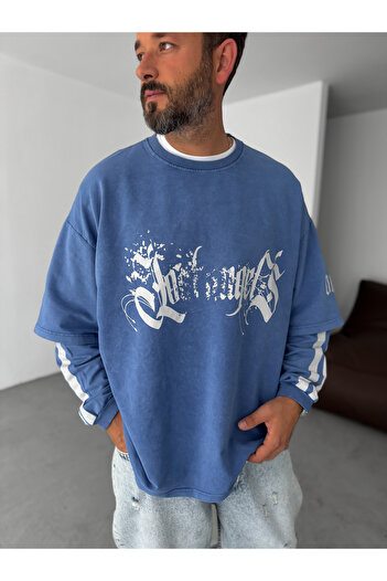 BYBASICMAN Lacivert Yıkamalı Baskılı Parçalı Sweatshirt JJ-114