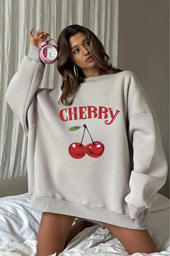 NO 601 Women's Stone Gray Crew Neck Cherry Printed Crew Neck Sweatshirt