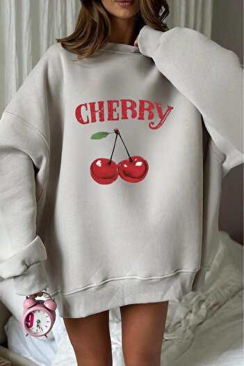 NO 601 Women's Stone Gray Crew Neck Cherry Printed Crew Neck Sweatshirt