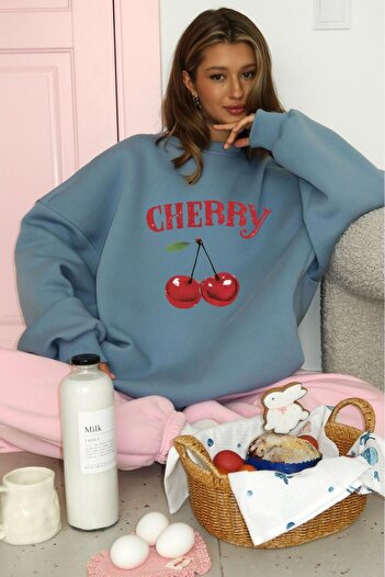 NO 601 Women's Lemon Mould Zero Neck Cherry Printed Crew Neck Sweatshirt