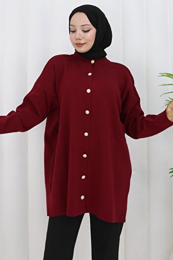 hafsamina Pearl Button Knitwear Cardigan Burgundy Hm2834