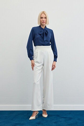 Sateen Straight Shirt with Tie Collar - Indigo
