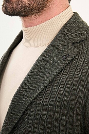 Mcr Patterned Slim Fit Mono Collar Wool Men's Suit Khaki - 45429.25K