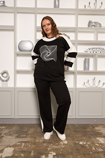 RMG Plus Size Black and White Striped Stone Detailed Suit