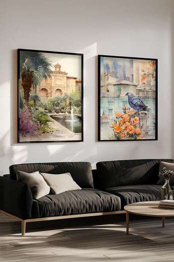 STARYUNA Black Framed Watercolor Effect Palm Garden and Blue Dove Painting Set Yuna434