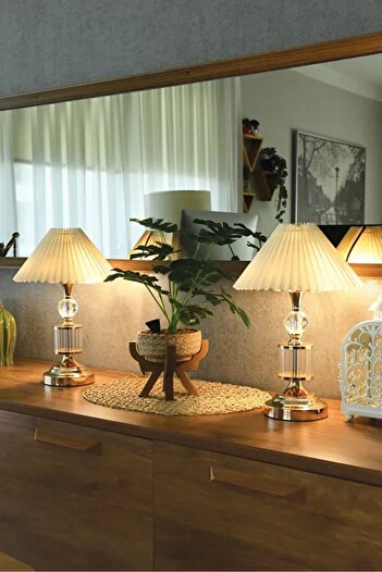 EvLight A Serisi Modern Kristal Taş Detaylı Dekoratif Abajur 1 Adet Gold
