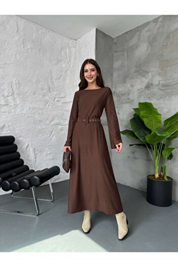 Elif Özbey Butik Kahverengi Maxi Kemerli Süet Elbise