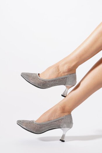 Moda Pie Husmer Meshed Full Stone Women's Heeled Shoes Platinum Glitter