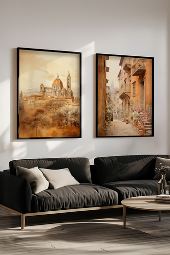 STARYUNA Black Wooden Framed Florence Cathedral and Old Italian Street Double Painting Set Yuna435