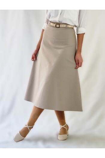 YAXİ Belt-Detail Midi-Length Loose Beige Woven Skirt