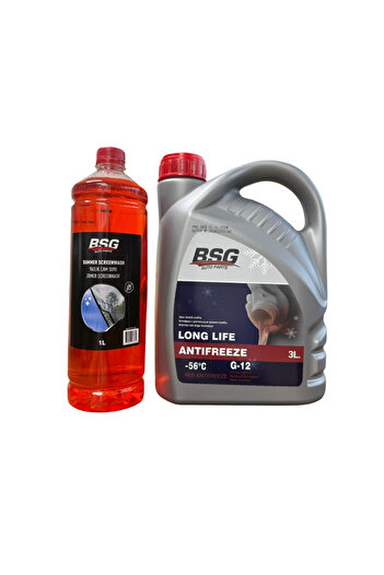 BSG Kırmızı G12 Organik Antifriz -56 Derece 3 Litre ve Konsantre Cam Suyu 1 Litre Takım Seti