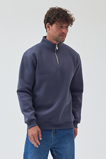 VEK Half Zipper Stand Collar Regular Comfortable Fit Sweatshirt 3 Thread Raised