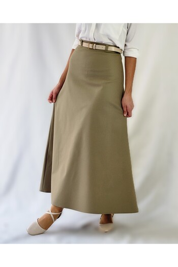 YAXİ Belt Detail Maxi Size Loose Khaki Woven Skirt