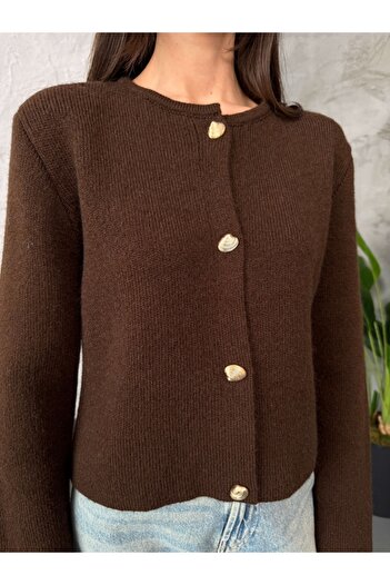 Elif Özbey Butik Coffee Sea Shell Buttoned Thick Cardigan