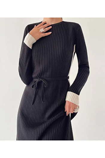 Lusin Women's Black Striped Belted Knit Dress