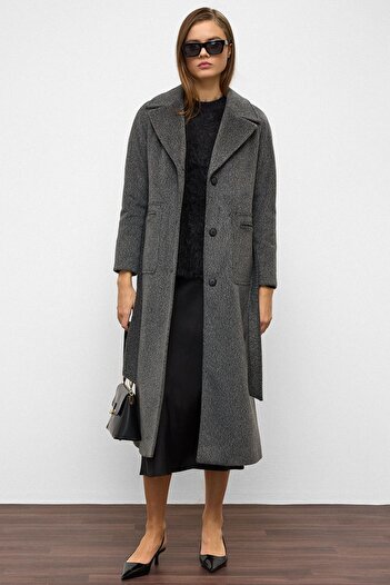 Olcay Reglan Sleeve Waist-Tied Moher Coat Anthracite 3156
