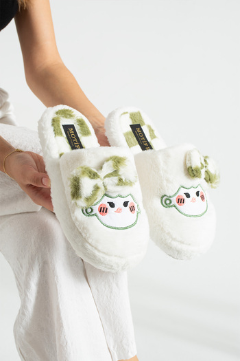 FootFrenzy Women's Plush House Slippers Soft Soled Winter Comfortable Slippers with Bow Tie and Character Figures
